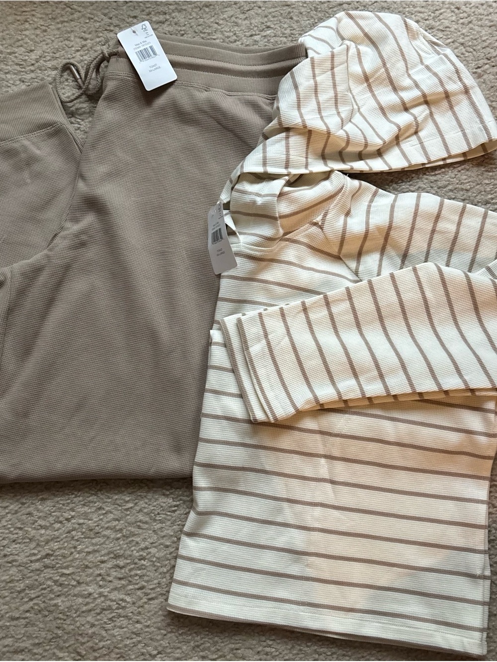 Max & Co. Cream and Tan Striped Hoodie with Solid Tan Sweatpants